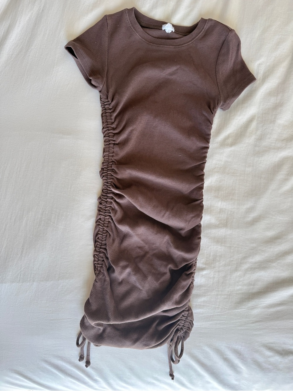 Ruched Short Sleeve Bodycon Dress - Chocolate Brown